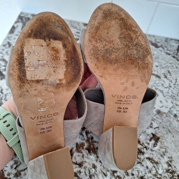 Vince Suede Sandal Block Heel Slip On  Gray‎ Open Toe  size 6.5 US - Picture 8 of 10